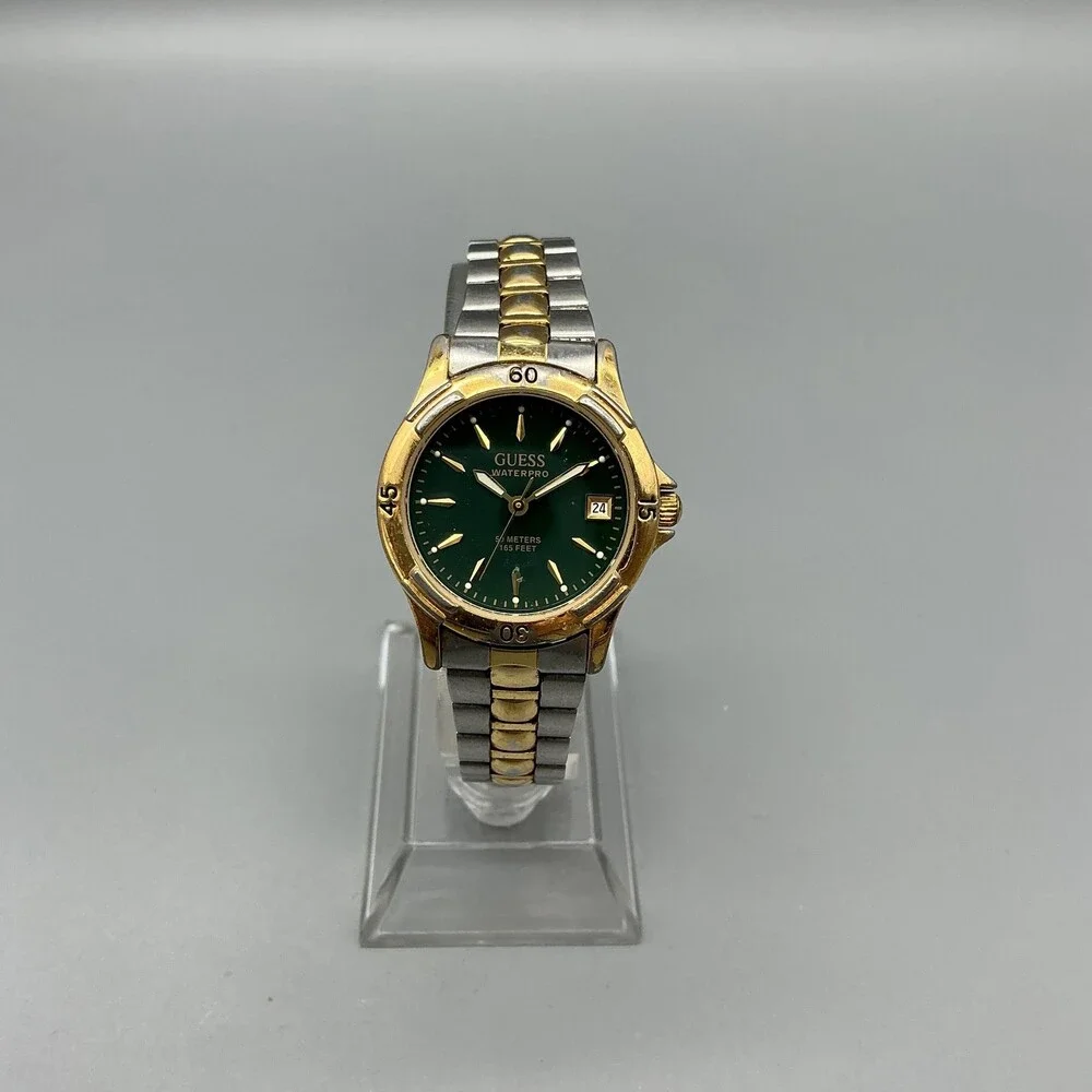 Vintage Guess Waterpro Womens Watch 27mm Green Dial Two Tone New Battery 6.5