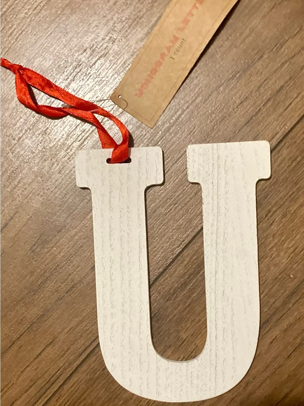 Target Bullseye Monogram Letter “U” Christmas Ornament White Wood Initial 6