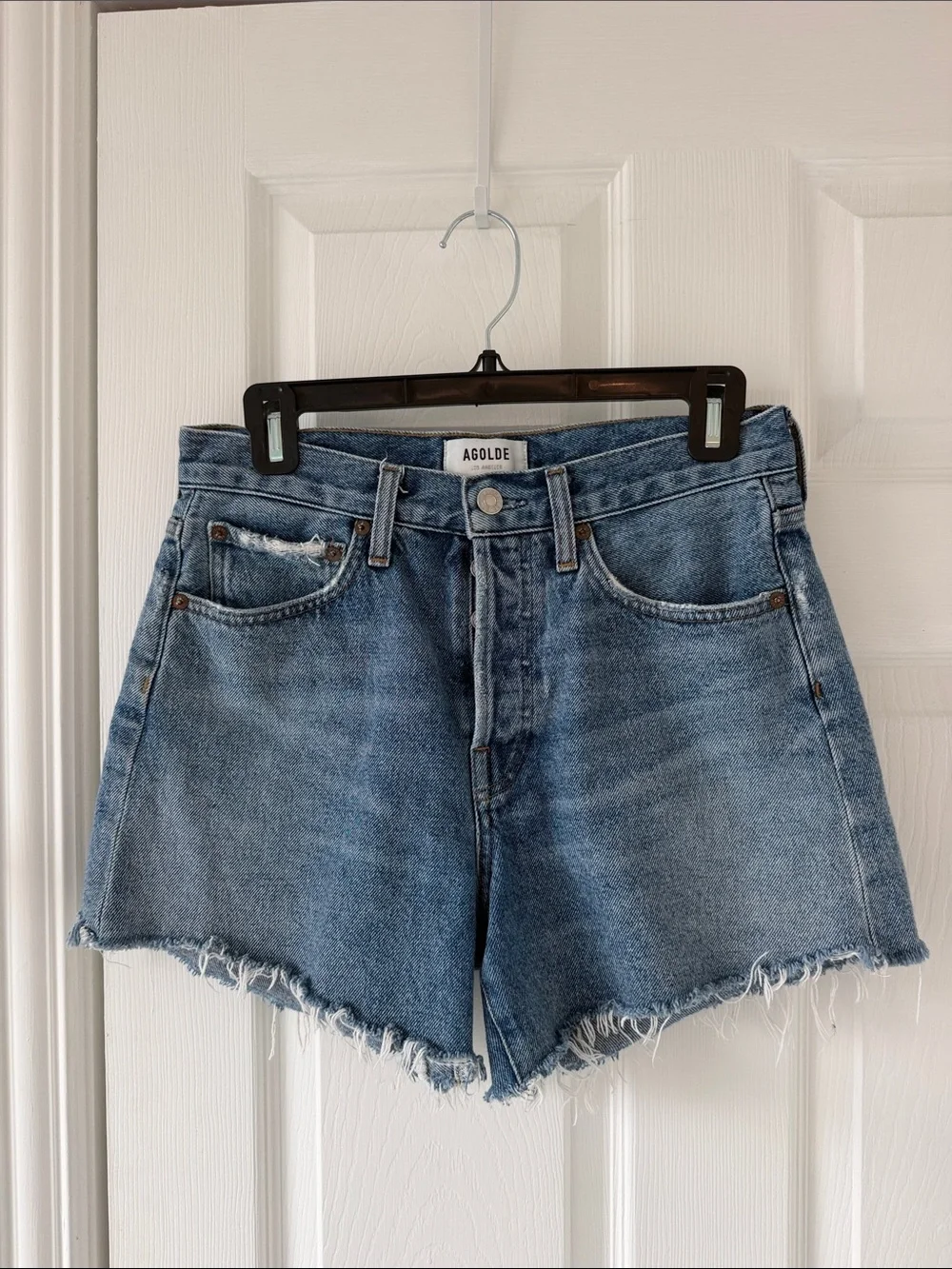 Agolde Parker long sky wave 26 Medium Blue Distressed High-Rise Denim Shorts