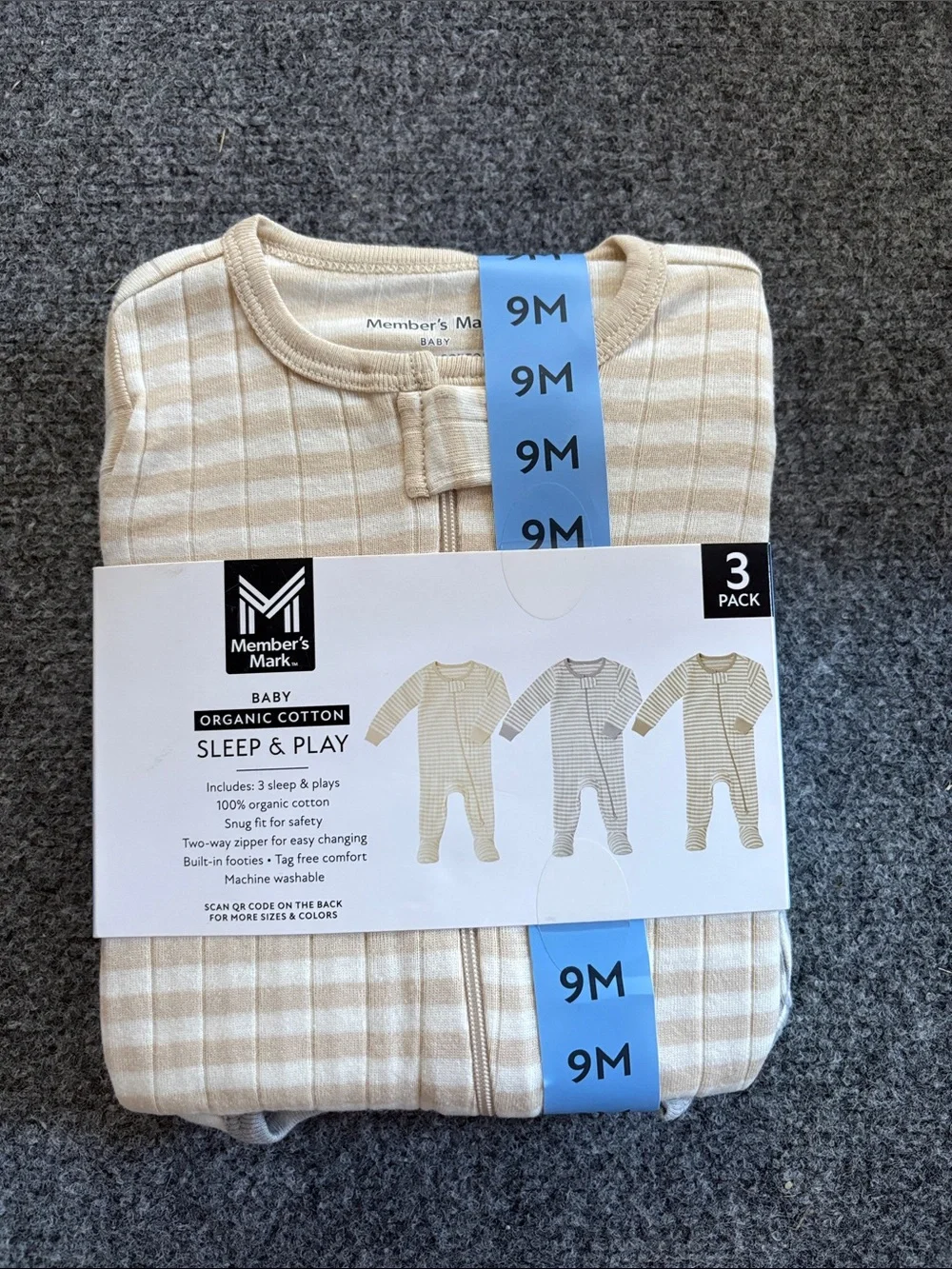 NEW! Member’s Mark Baby Organic Cotton Sleep & Play 3 Pack - Size 9 Month