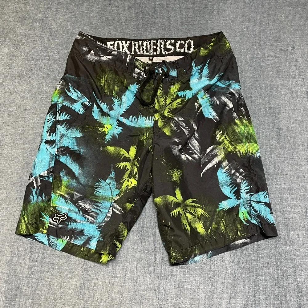 Fox Riders Co. Board Shorts Mens 34 Black Tropical Drawstring Surfing Beach Wear
