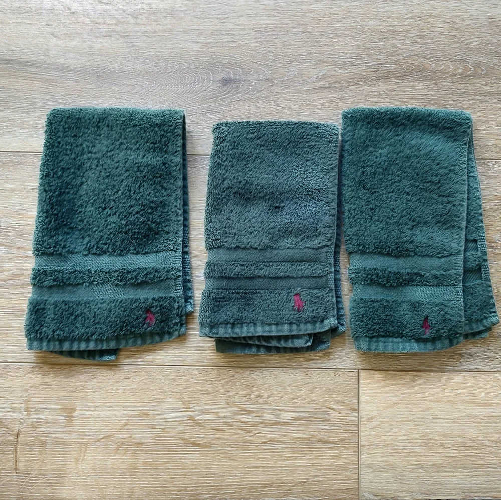 Ralph Lauren Home Vintage Polo Pony Green Hand Towels Set Of 3 Cotton USA Y2K