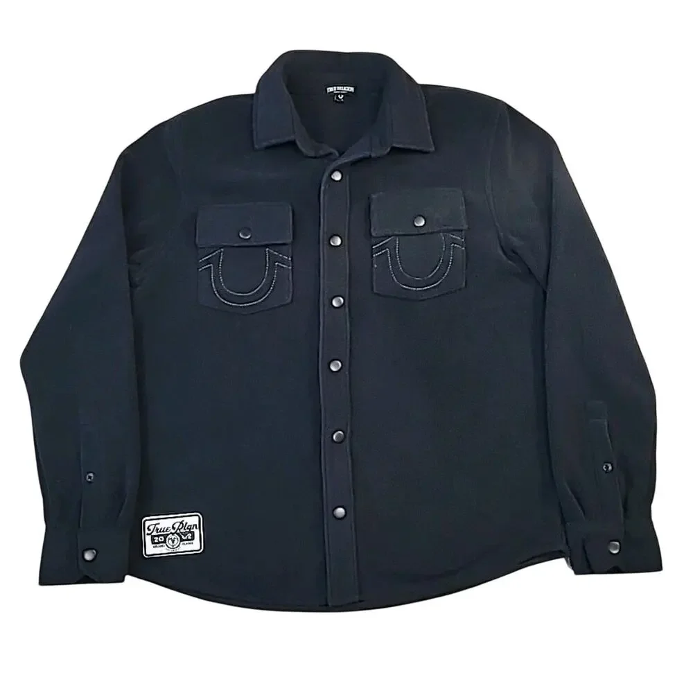True Religion Lurex Woven Shacket Shirt Jacket Black Polar Fleece Men’s M