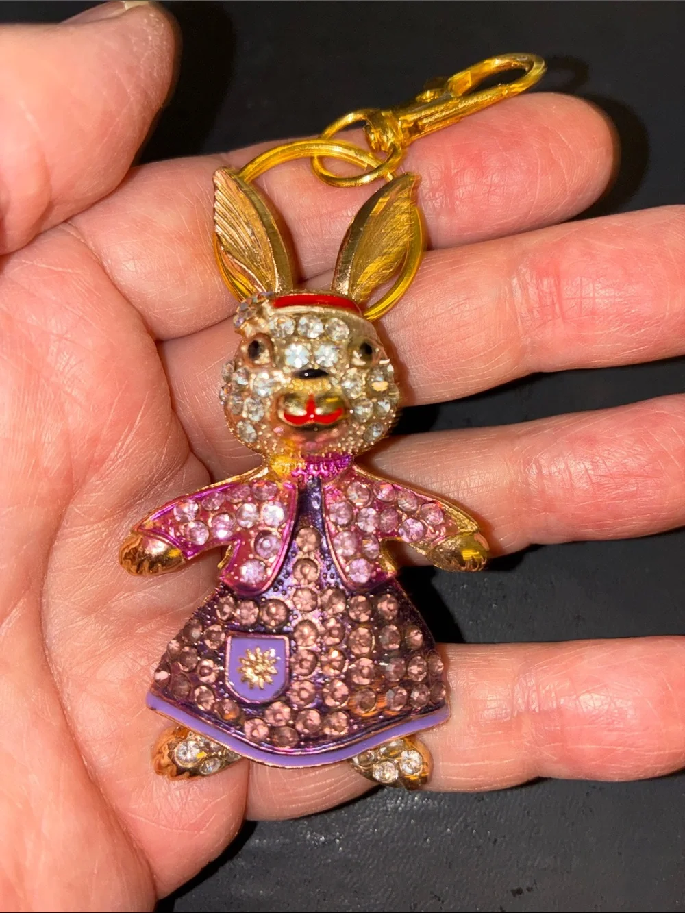Gold-Tone Pink Crystal Bunny Charm Keychain