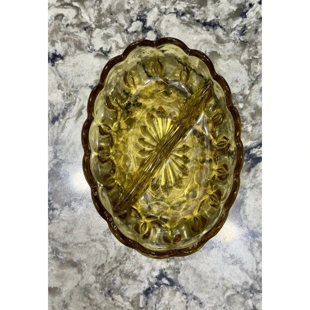 Vintage Clear Oval Amber Glass Divided Dish Candy 7x5