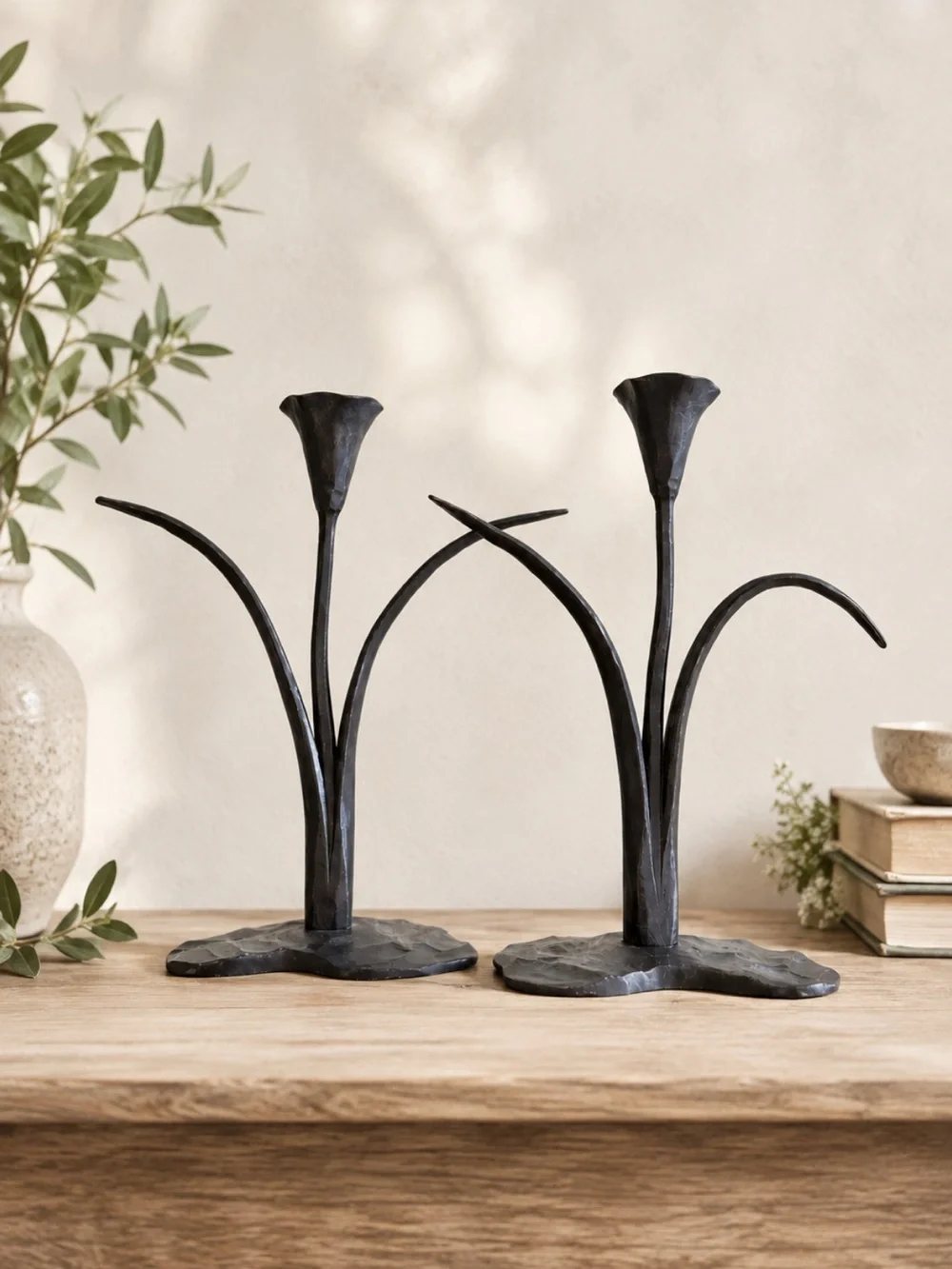 Vintage Hand Forged Iron Calla Lily Candlesticks Pair Brutalist Sculptural