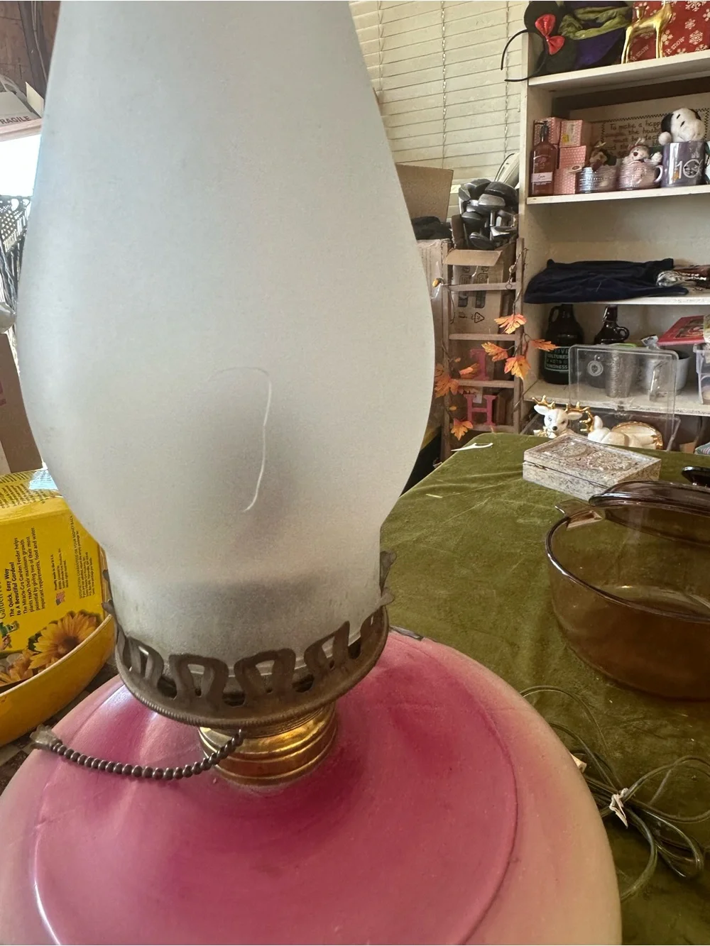 Vintage Floral Glass Table Lamp - Pink and Green