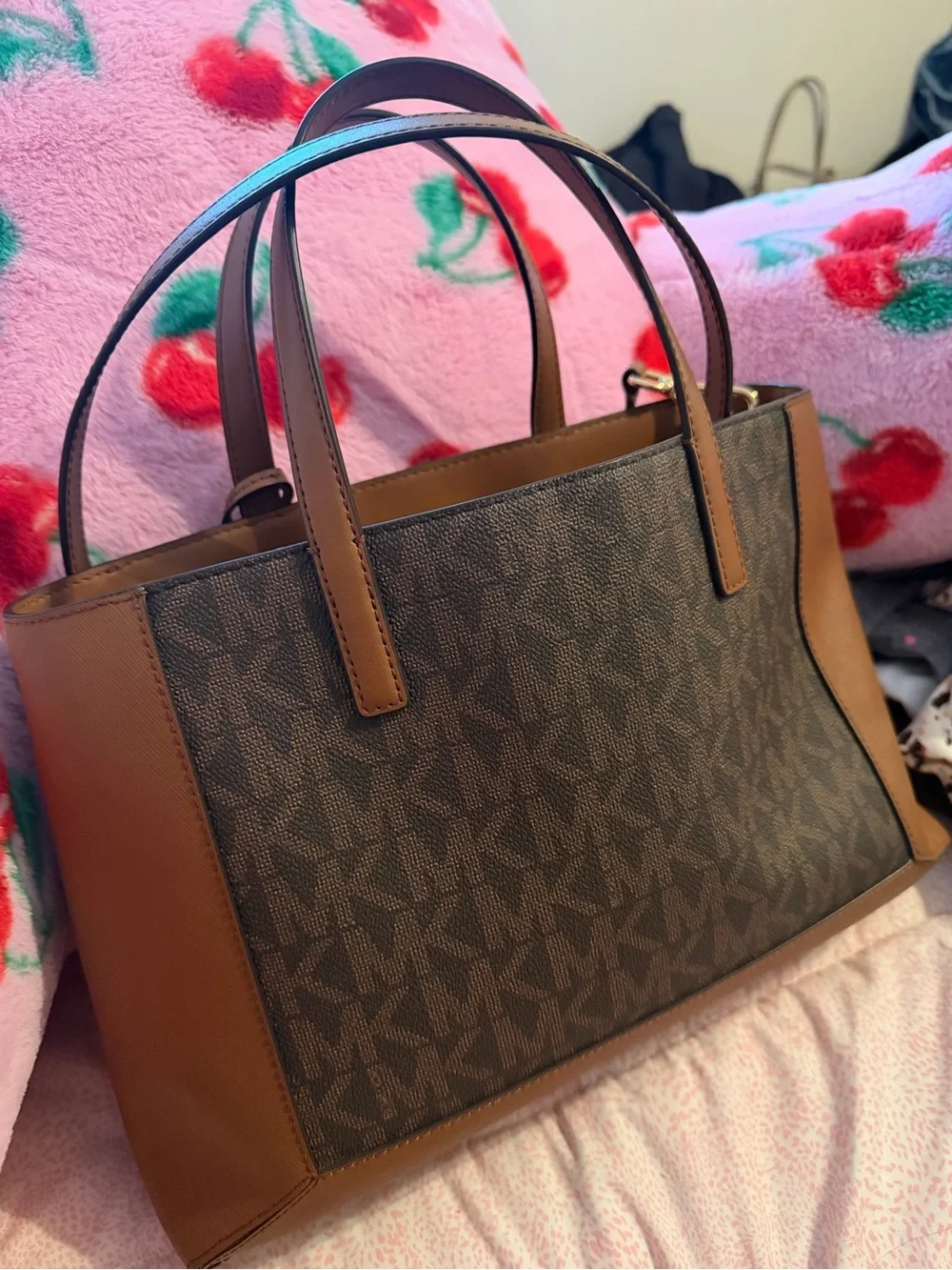 Michael Kors Brown MK Logo Satchel with Gold Charm