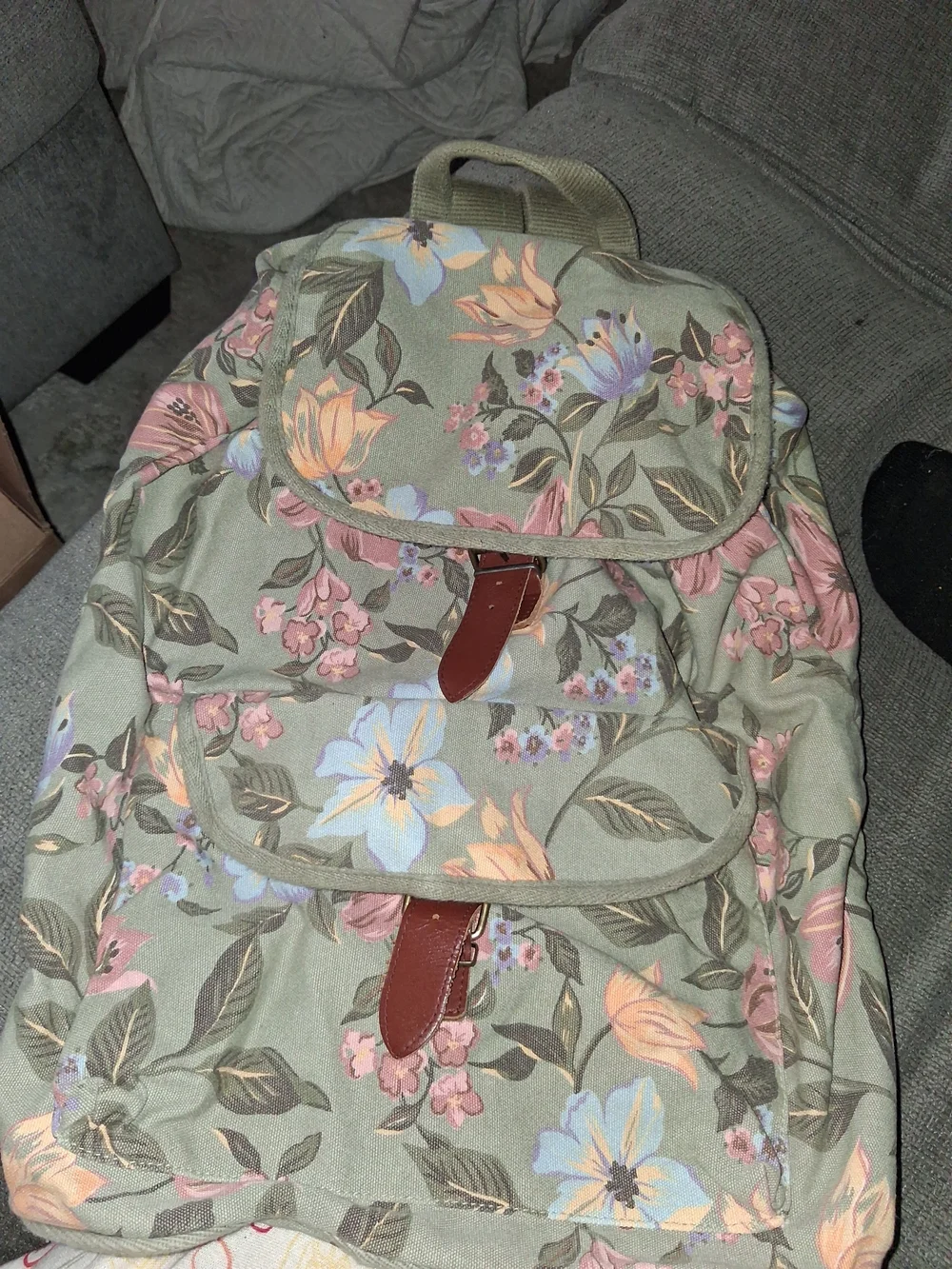 Floral Canvas Backpack in Sage Green - Lightweight Women's Bag