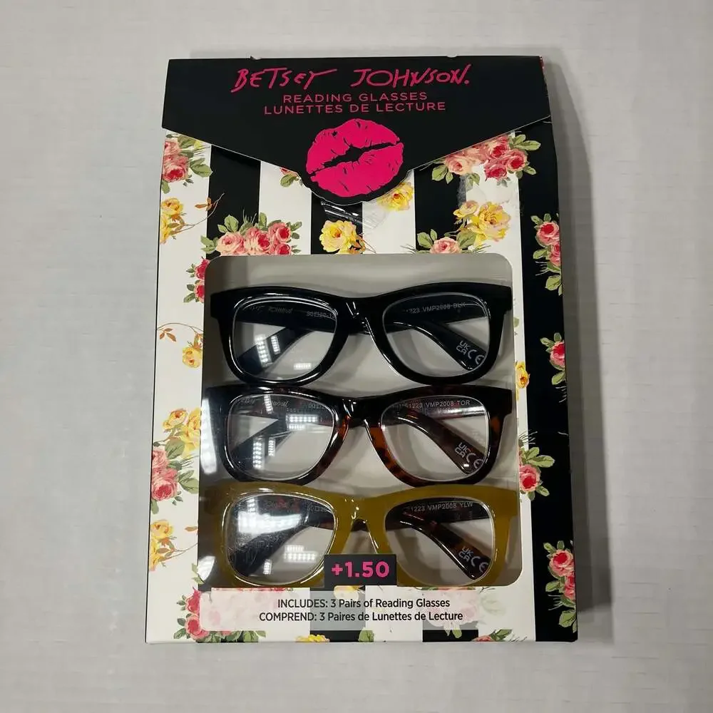Betsey Johnson 3 Pack Reading Glasses +1.50 New In Box Black, Tortoise, Yellow