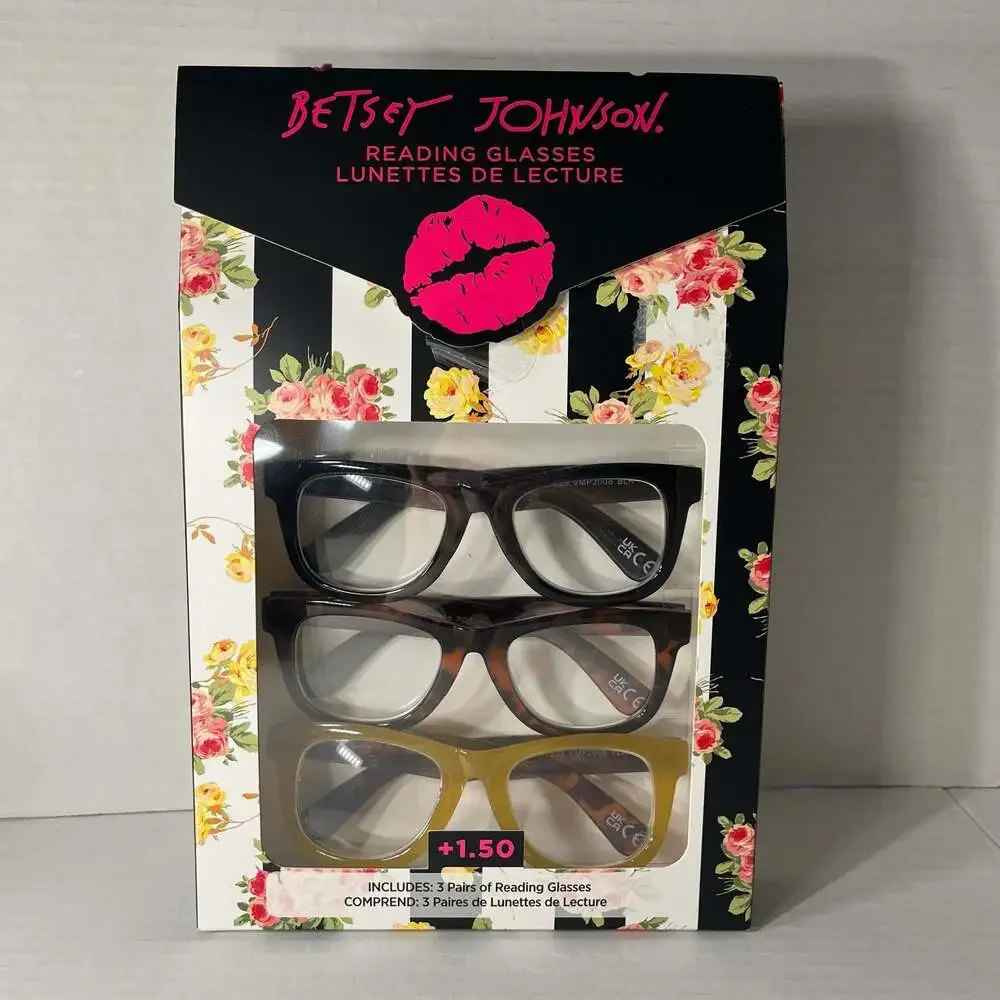Betsey Johnson 3 Pack Reading Glasses +1.50 New In Box Black, Tortoise, Yellow