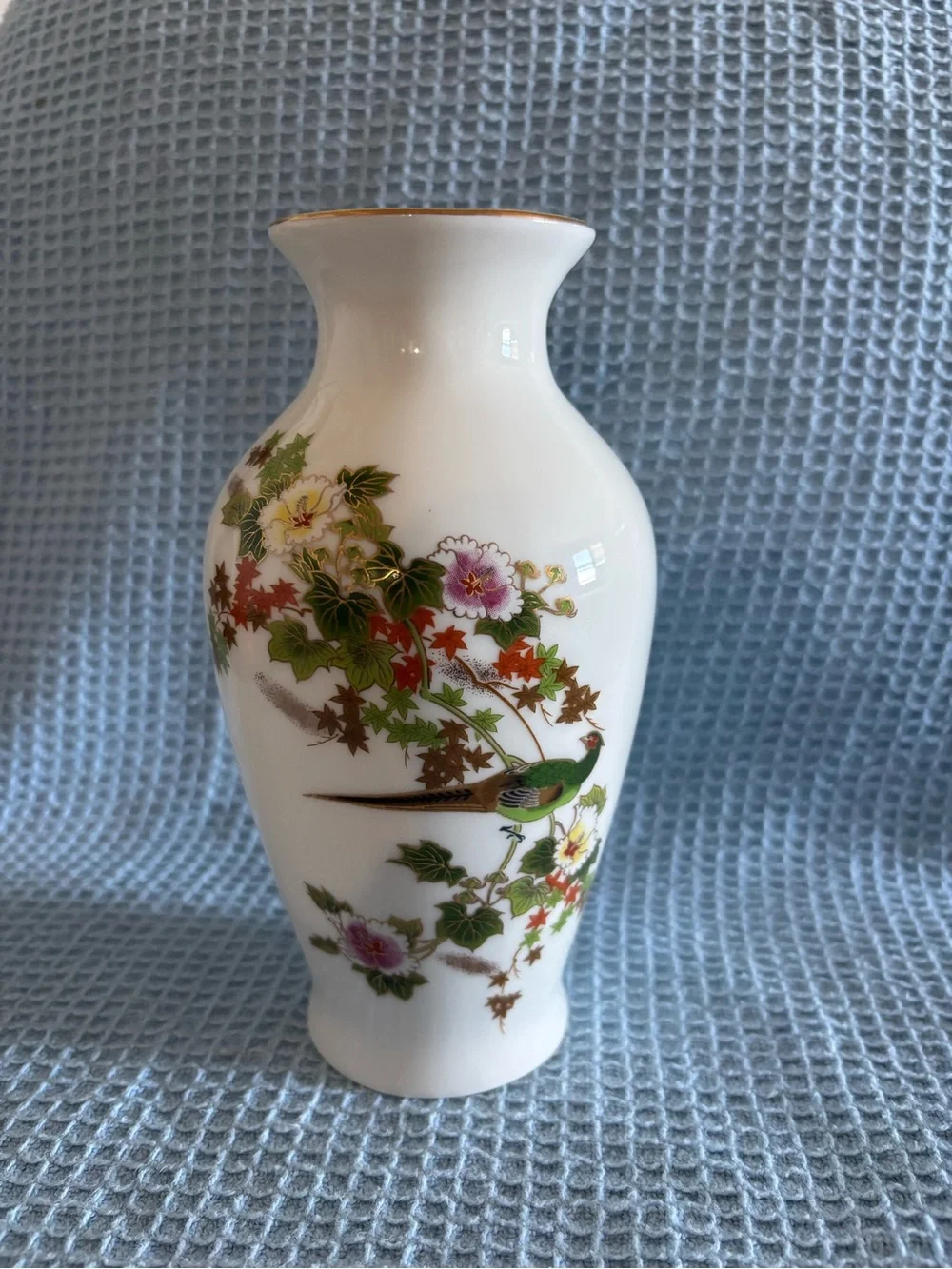 Source Unknown White Porcelain Vase with Floral, Bird & Gold Trim