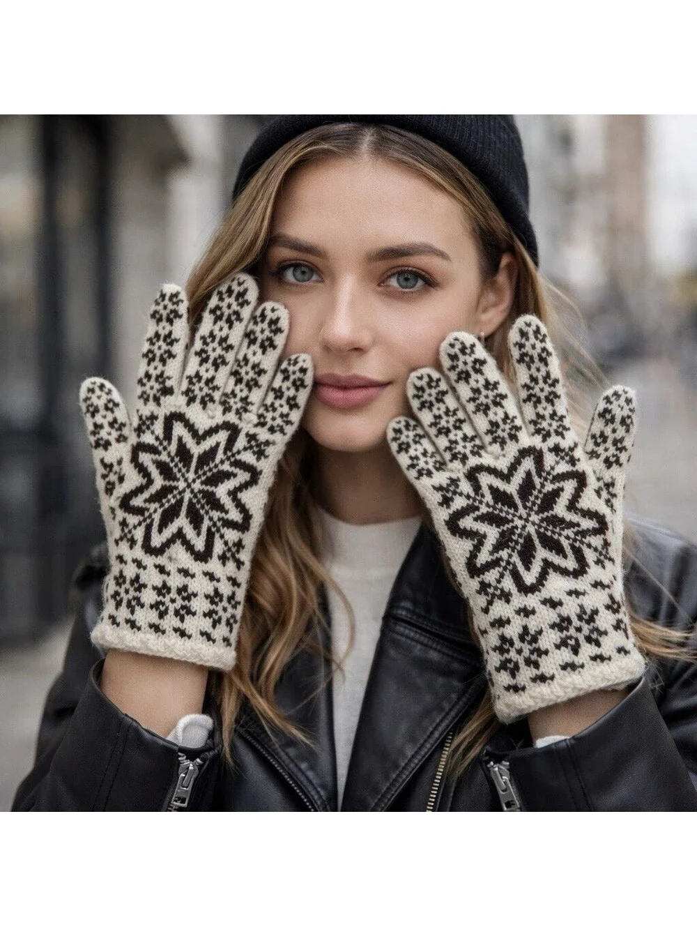 Hand Knit Wool Gloves Womens L Man M Scandinavian Nordic Snowflake Brown White]