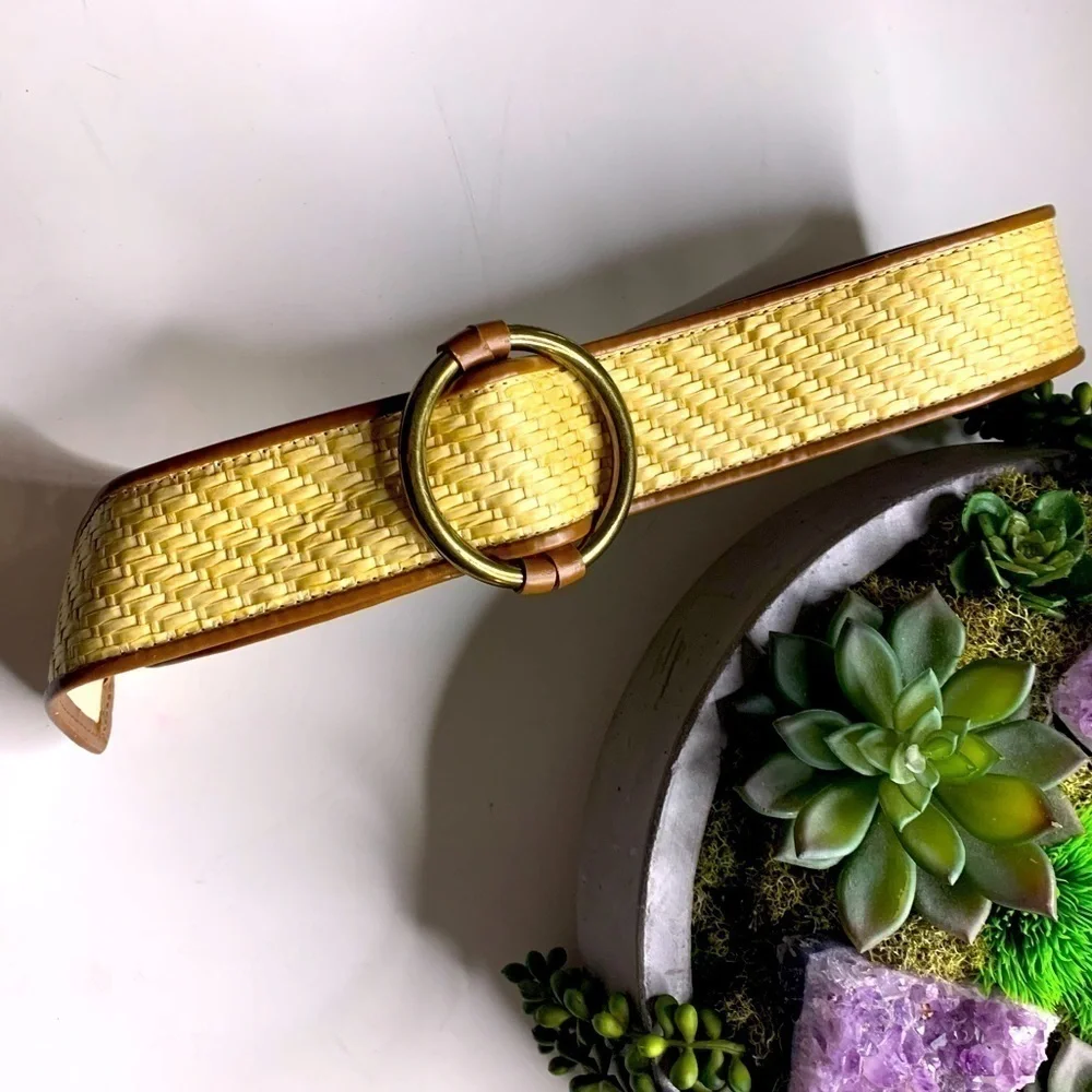 Bohemian wicker weave thick circle brass buckle belt women’s large