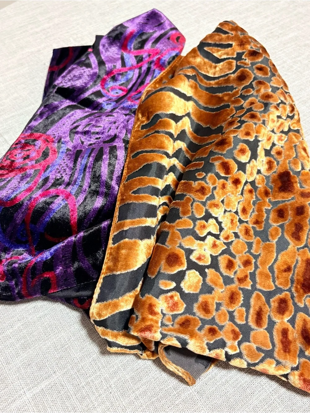 Two Velvet Long Women's Scarfs Purple & Black Abstract and Animal Print