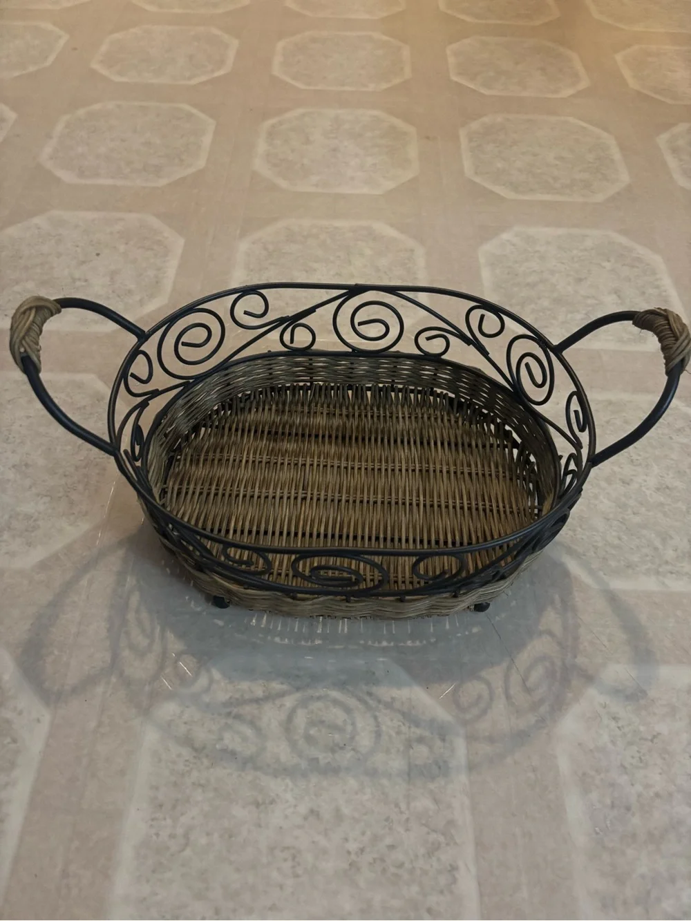 Woven Rattan and Black Metal Bread Serving Basket
