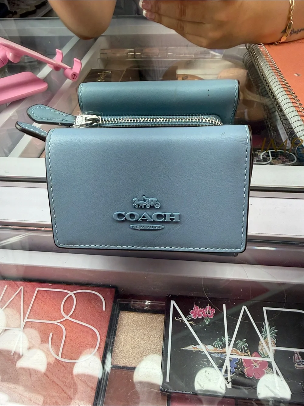 COACH Petite Zip Card Case in Light Blue Leather