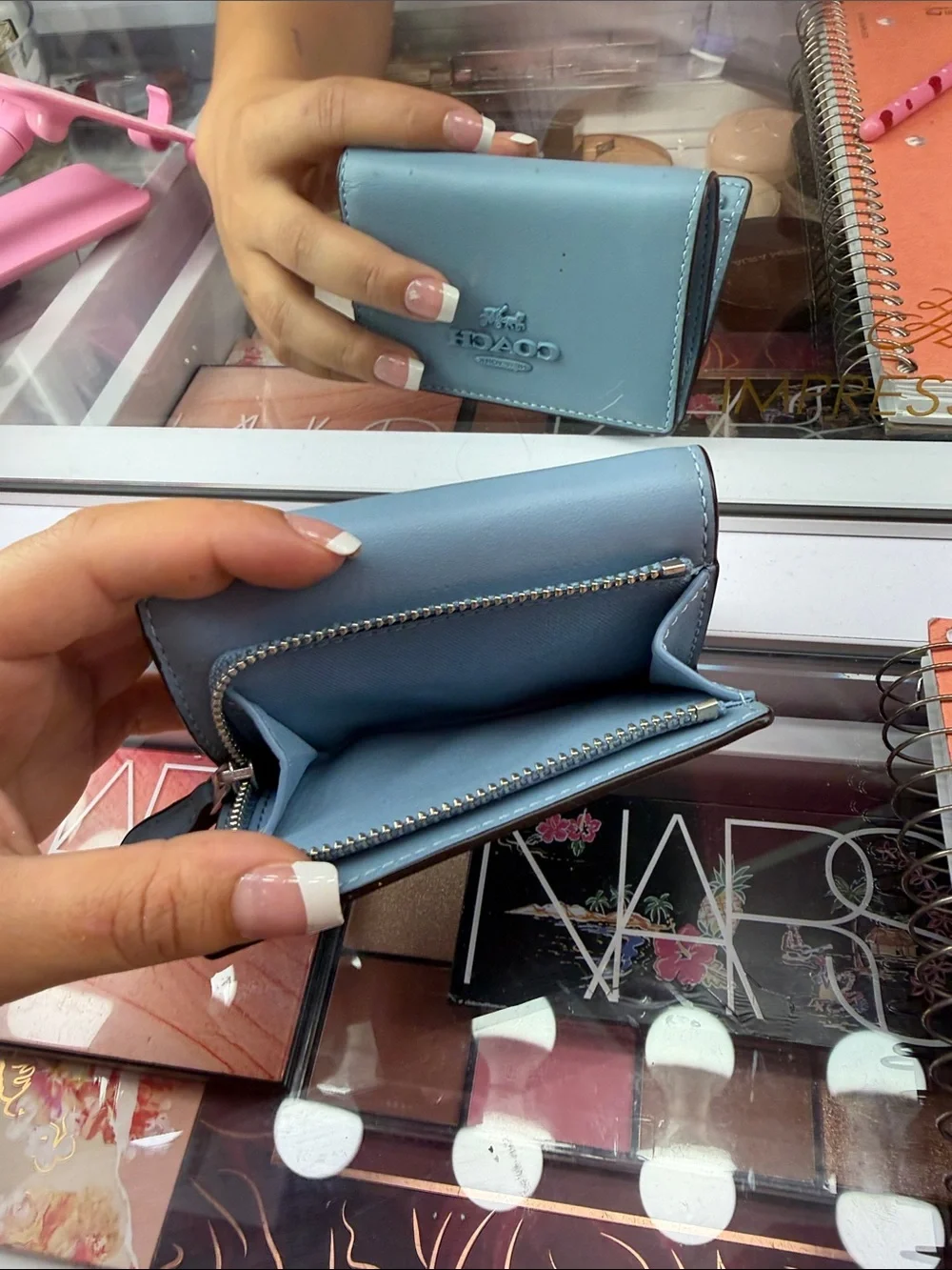 COACH Petite Zip Card Case in Light Blue Leather