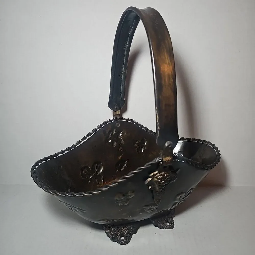 Antique Vintage Decorative Brown Metal Basket Embossed Leaves Handle
