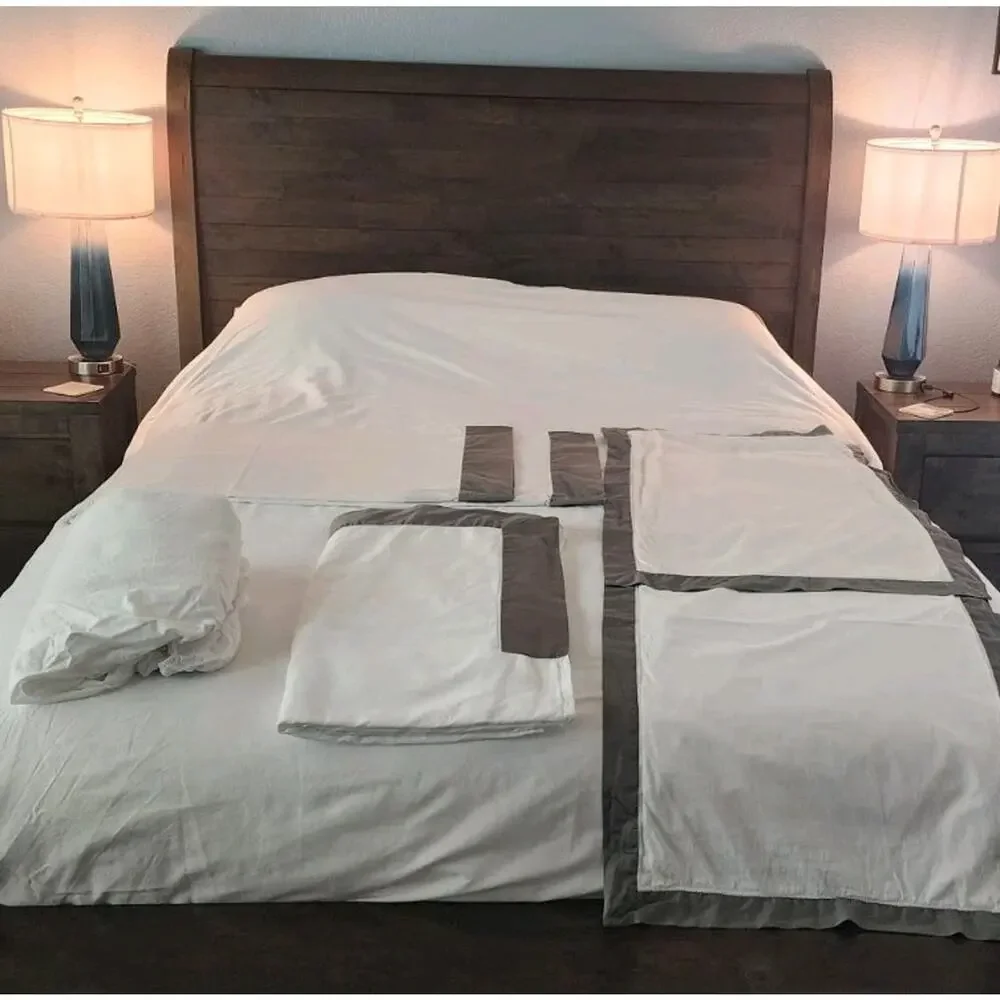 Ralph Lauren Cotton Sateen Graphite Trim Langdon King Duvet Sham Sheet Set White