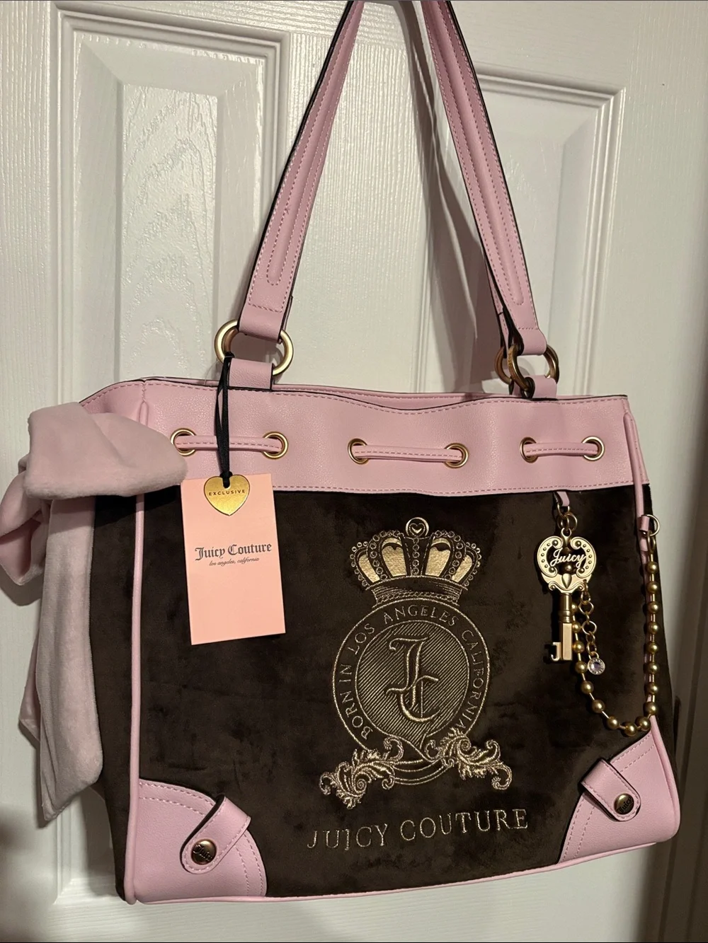 BNWT Juicy Couture Pink Brown Velour Shoulder Tote Bag Y2K Charm