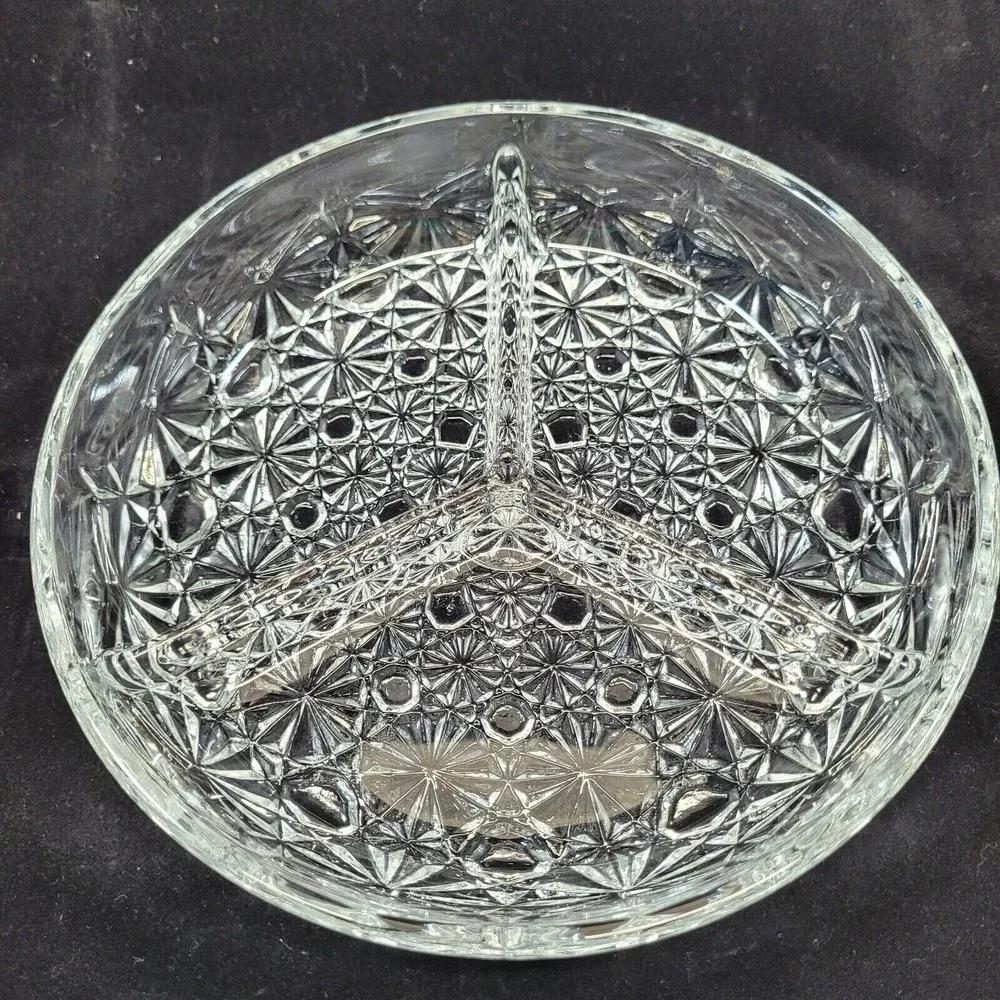Smith Glass Divided Serving Dish Clear Daisy and Button 3‎ Section Round Vintage