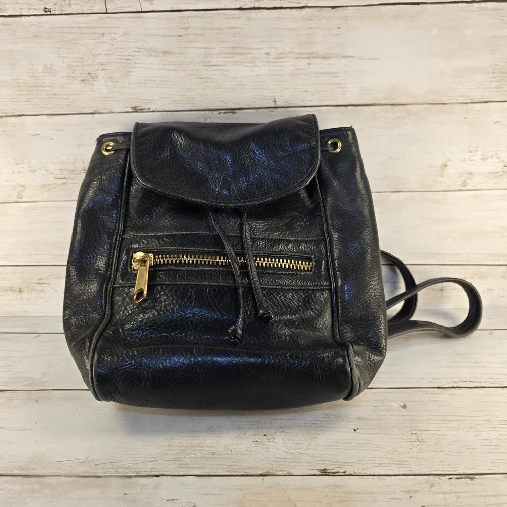 Vintage‎ Pattie Jarrell Colorado USA Black Leather Mini Backpack Drawstring Bag