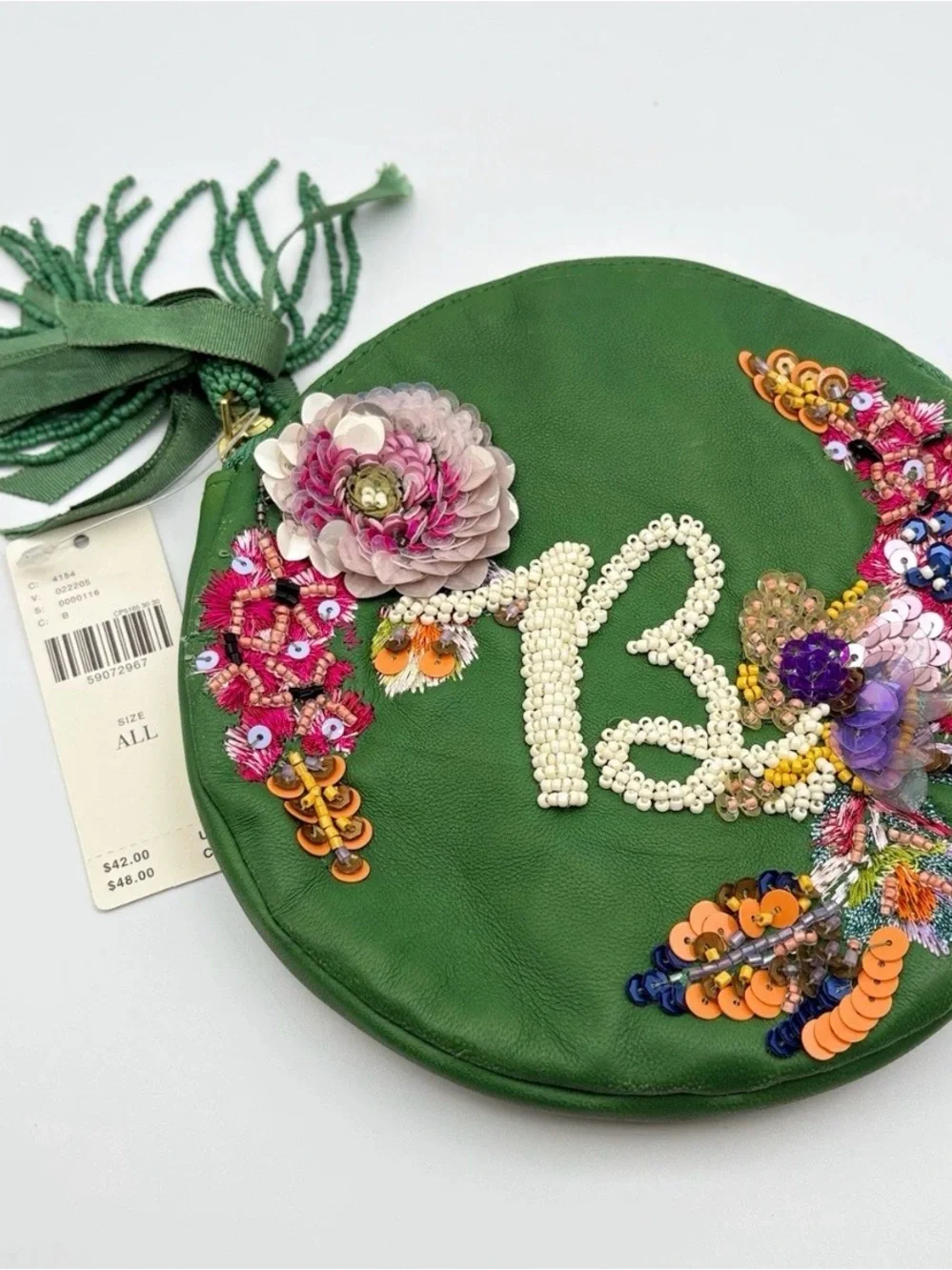 Anthropologie Green Round Embellished Wristlet with Floral Appliqué