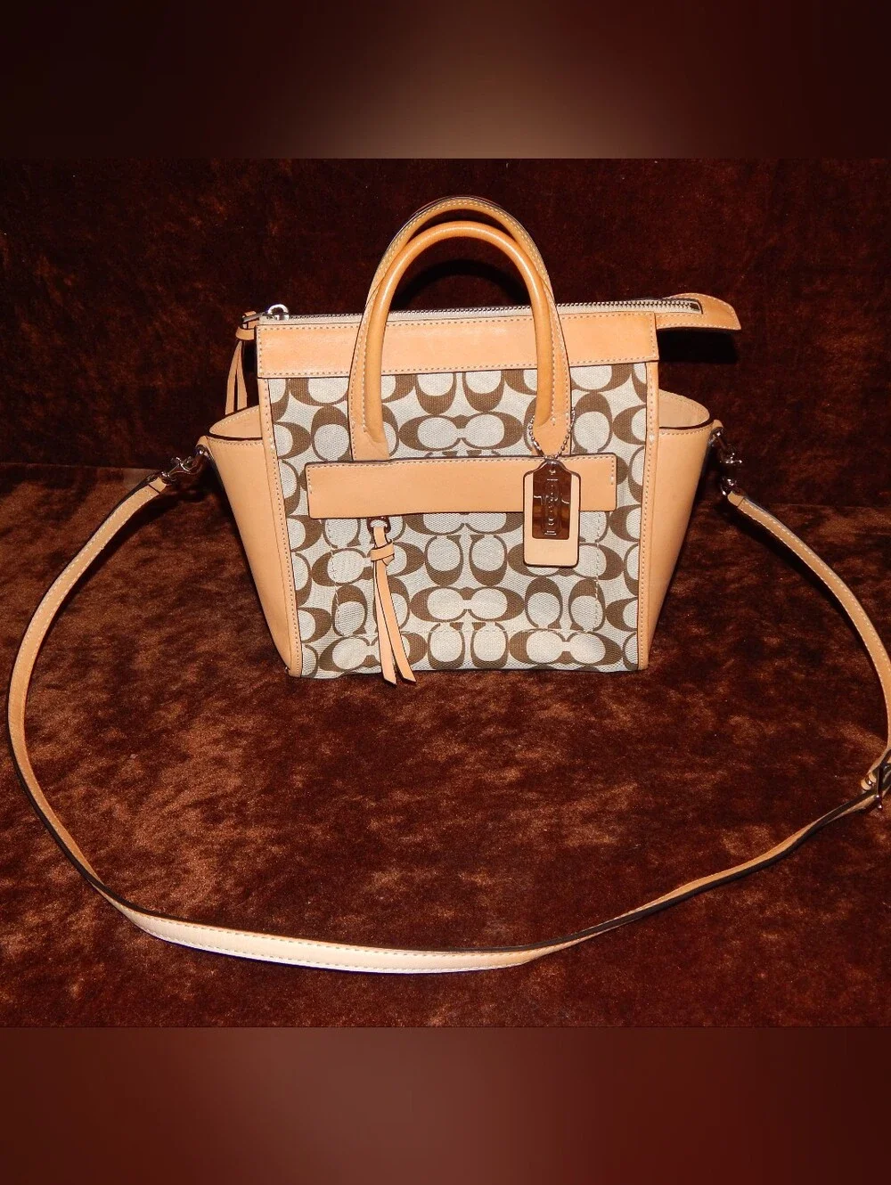 Coach Mini Satchel in Tan Leather with Beige Signature Canvas