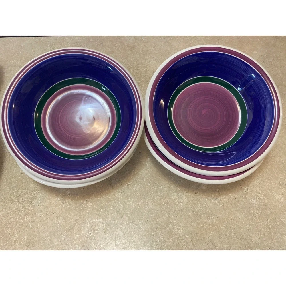 Furio Italy Hand Painted Ceramic Pasta Bowls Set of 4 Blue Purple Green 8.5