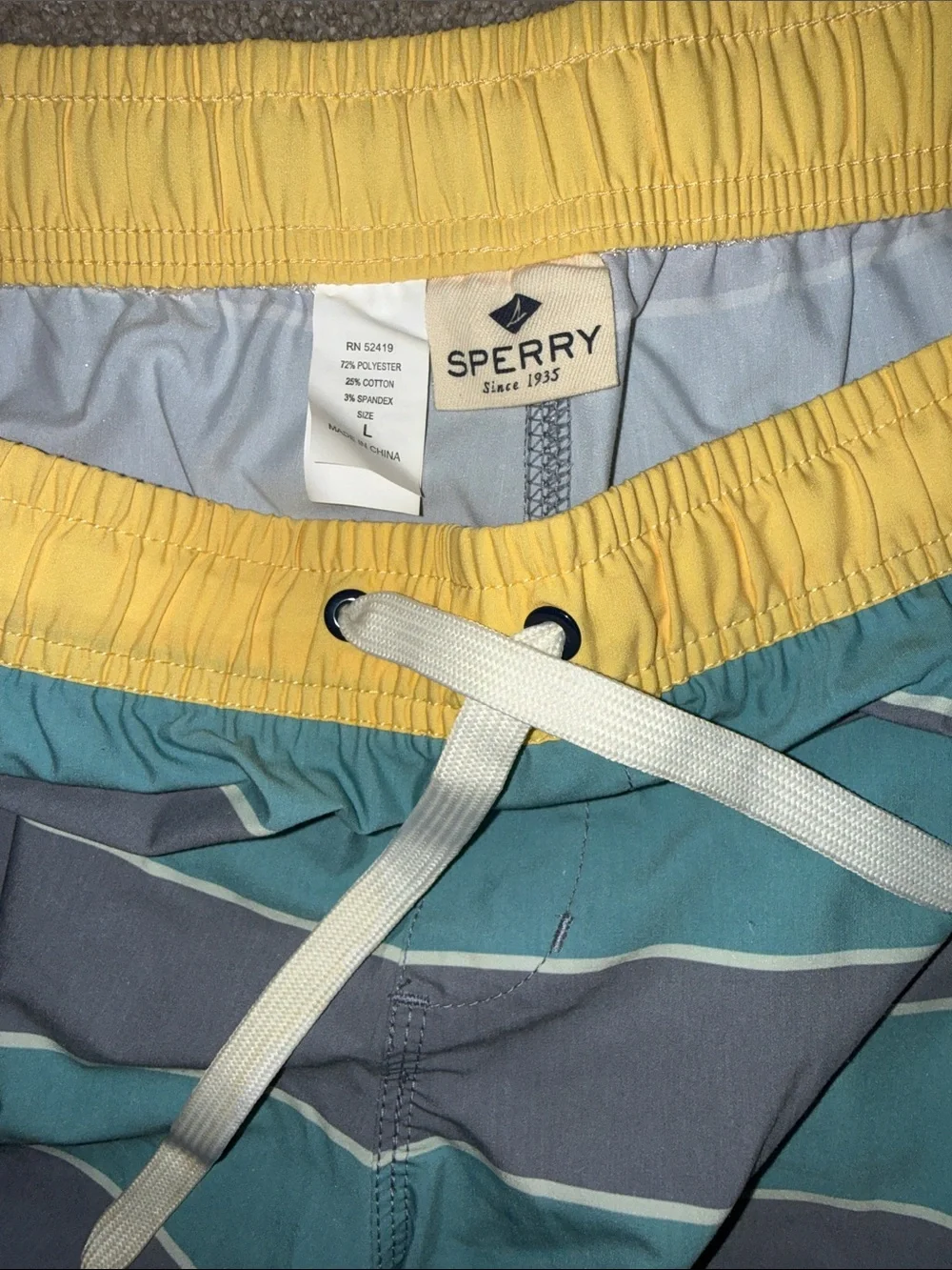 Sperry Men's Teal and Gray Striped Swim Trunks with Yellow Waistband L