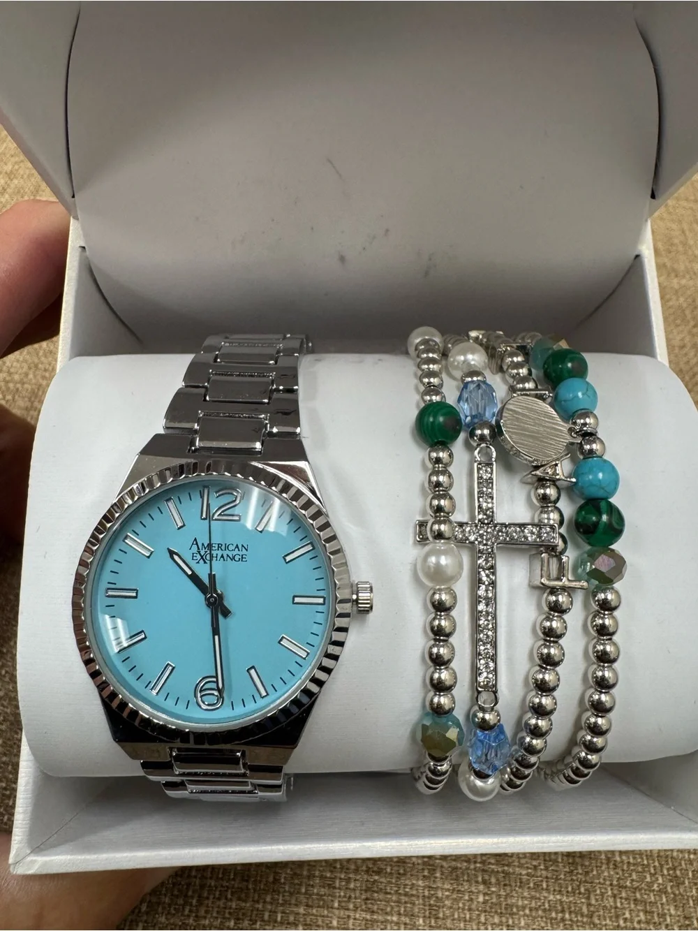 American Exchange Women’s Quartz Silver Tone Blue Dial Bracelet Box Set
