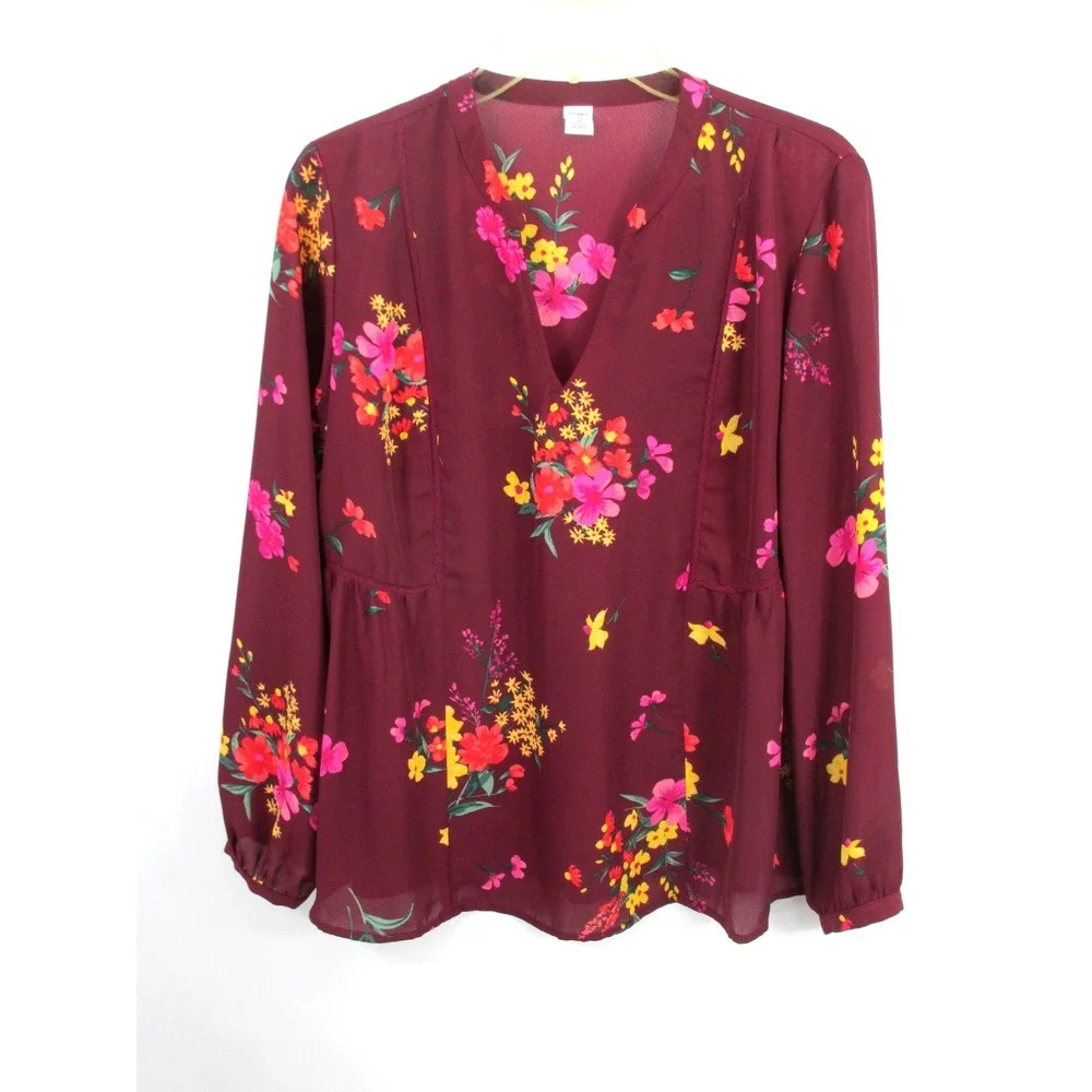 Old Navy Burgundy Floral Tunic Peasant Blouse Womens M V-Neck Boho 339474-02