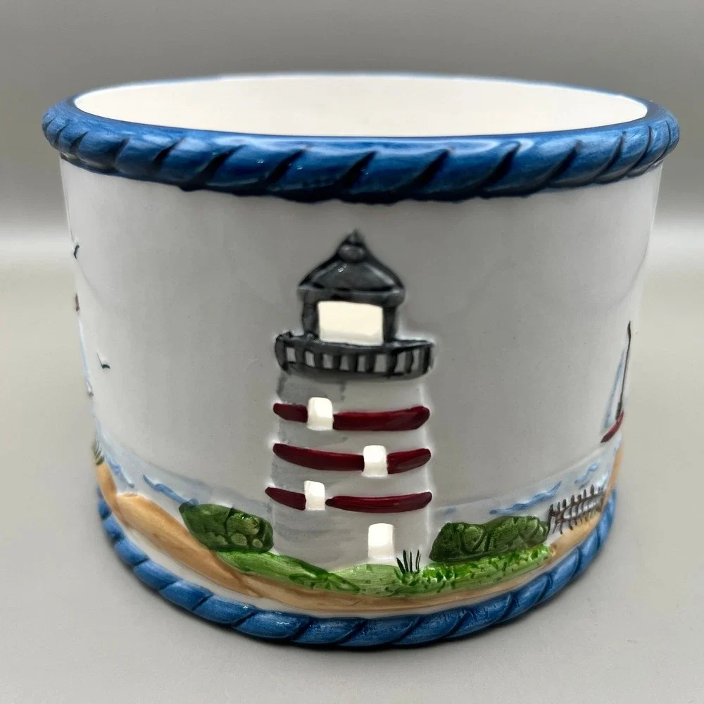 Nautical Lighthouse Ceramic Candle Holder Blue White Coastal‎ Decor 4.5