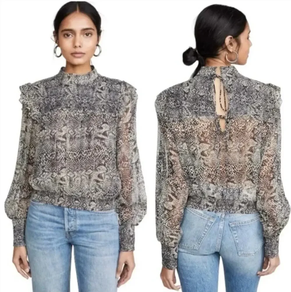 Free People RomaTop Womens Medium Snake Print‎ Smocked Sheer Puff Sleeve Ruffle