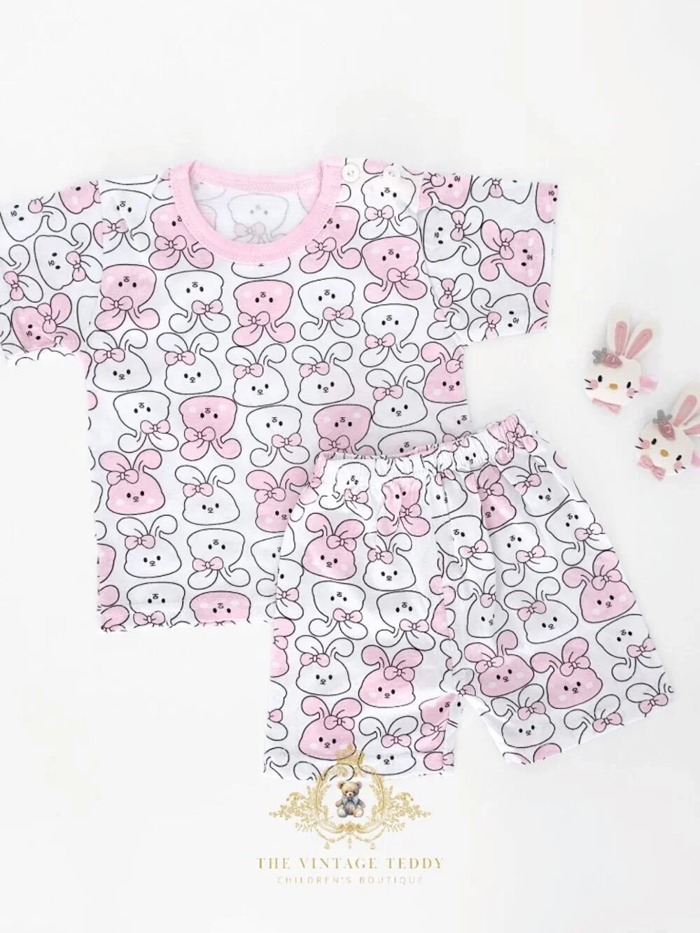 NWT Cute Girls Matching Set Kids T-shirt & Shorts 2-Piece 100% Cotton Bunny 2T