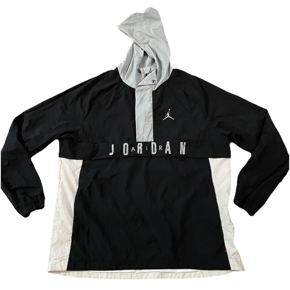 Nike Air Jordan Wings Anorak Jacket Mens M Black White Spellout Pullover Hoodie