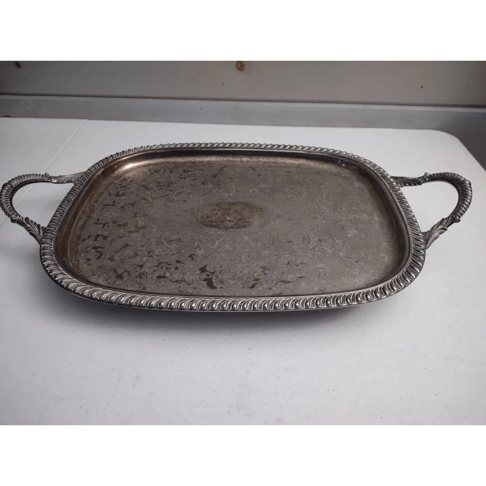 Large Vintage Leonard Silver Plate Engraved Serving Tray Handles 23x14