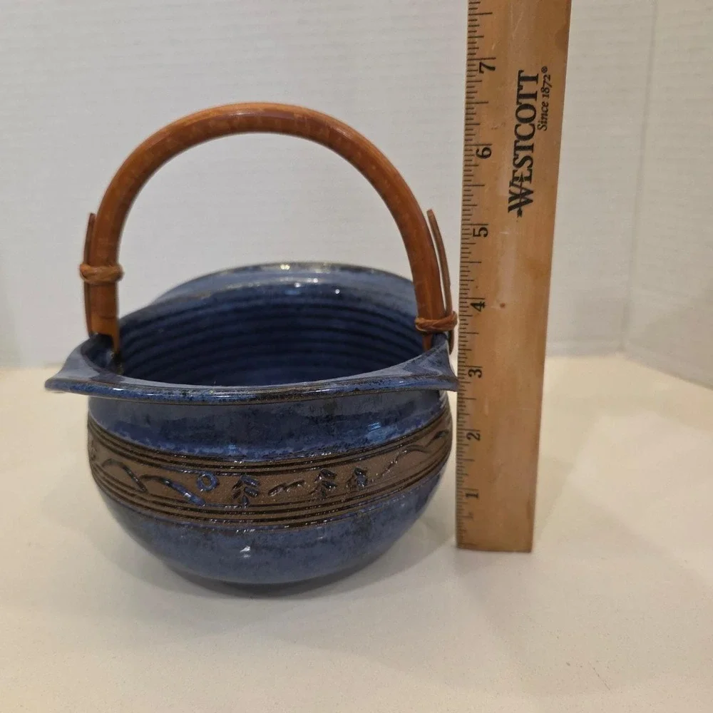 Groundhog Blue Studio Pottery Glazed Ceramic Bowl with Wood Handle Signed Basket