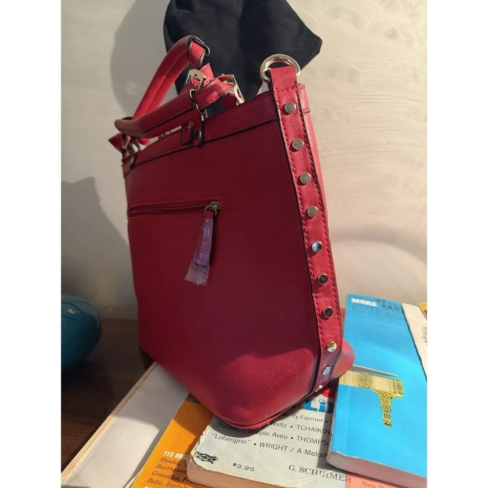 Isabelle Boutique Red Vegan Leather Studded Satchel‎ Handbag NWT Medium