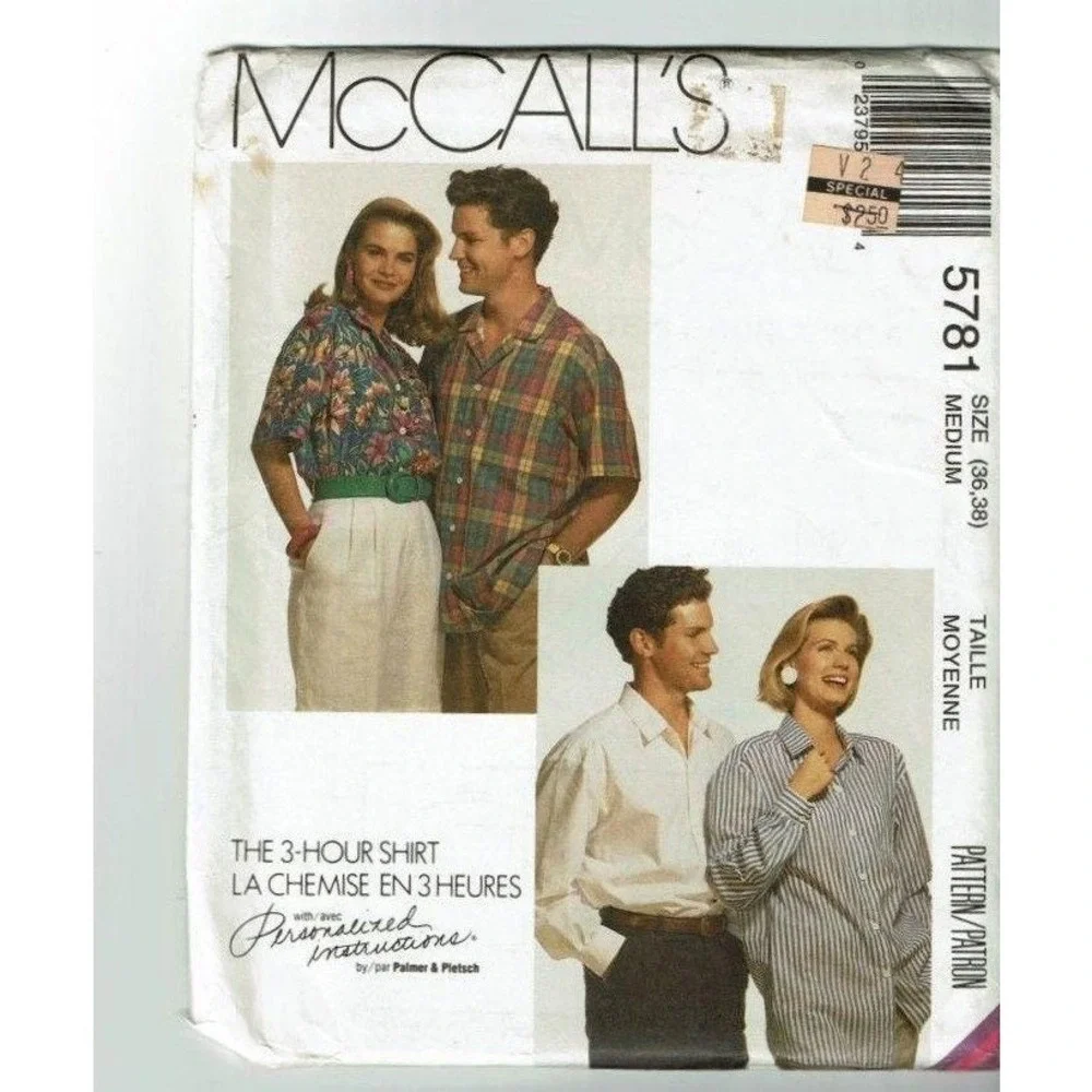 McCall's Sewing Pattern 5781 Mens Womens Teens‎ Button Down Shirt Size 36-38