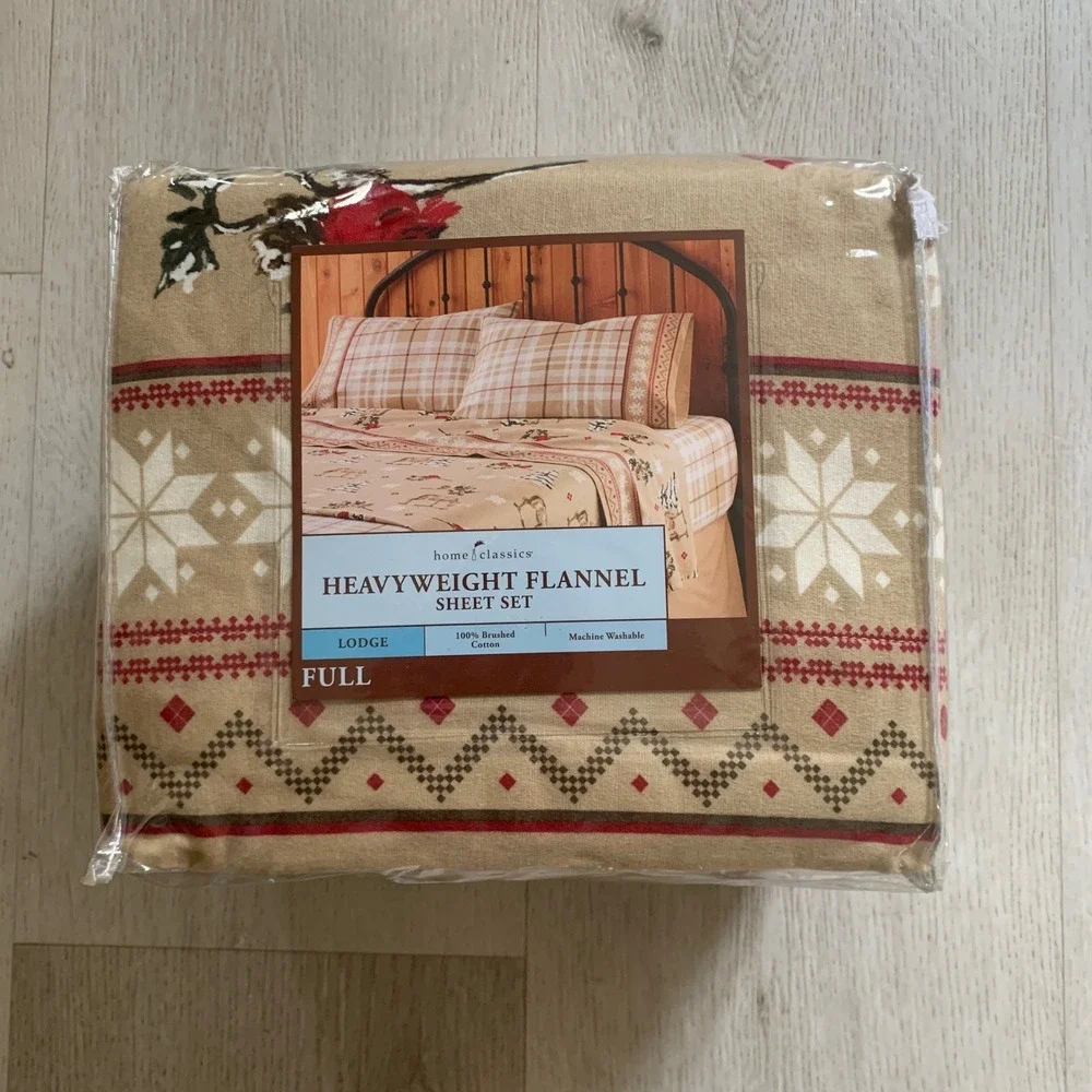 Home Classics Heavyweight Flannel Sheet Set Full Lodge Deer Plaid Tan 100% Cotto