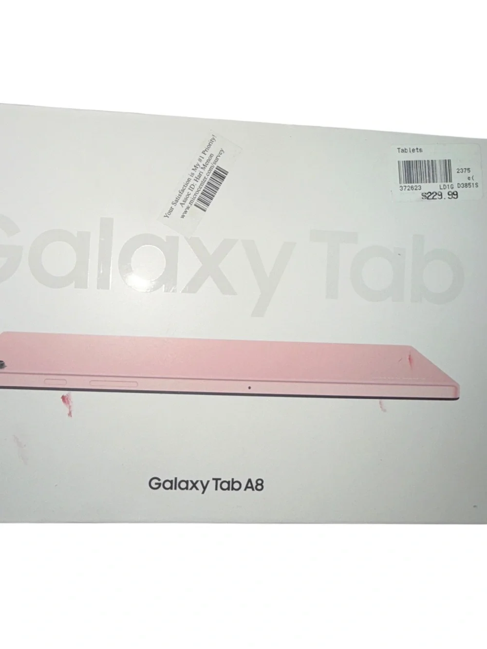 original packaging box for a Samsung Galaxy Tab A8 in Pink Gold. Selling empty