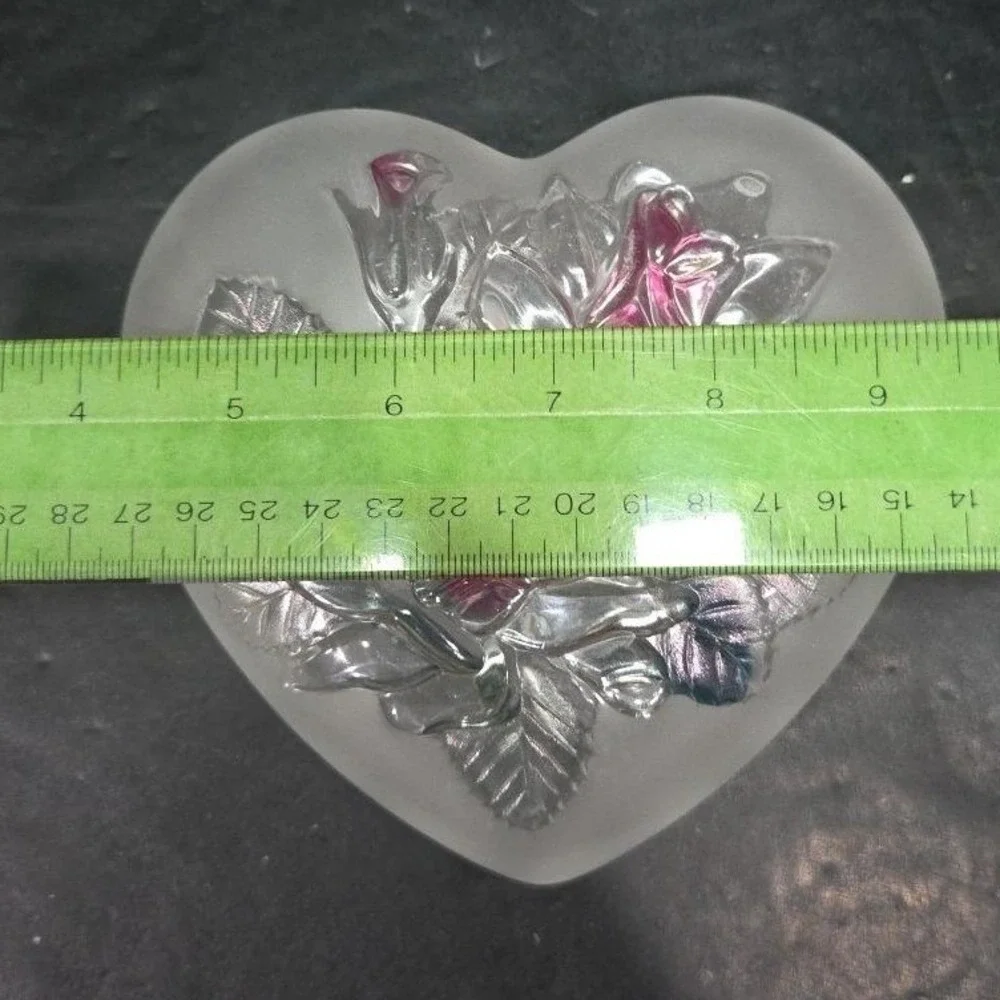 Studio Nova‎ Heart Shaped Trinket Box, Frosted Glass Dish, Embossed Pink Roses