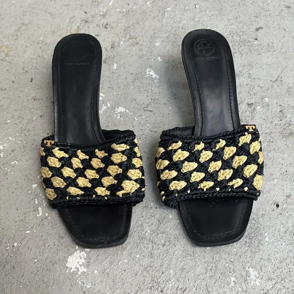 Tory Burch Straw kitten heel mules