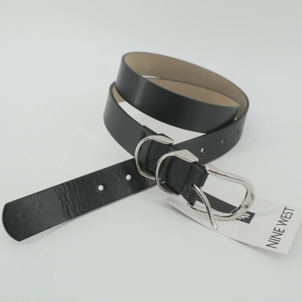 Nine West Belt Womens Large Black Silver Buckle Faux Leather NB422501L-KH