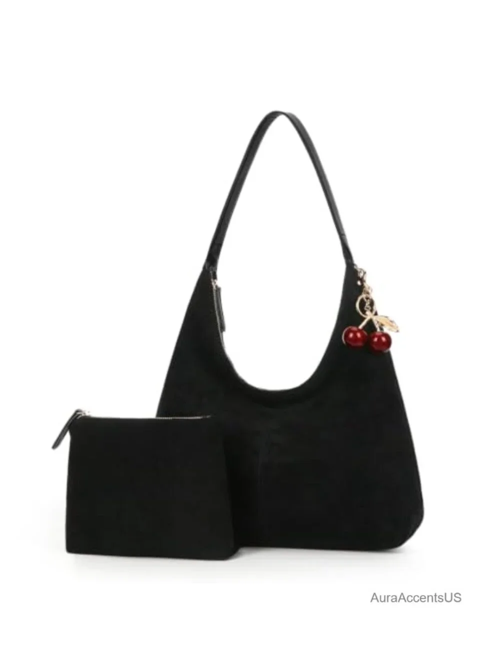 Vegan Suede Slouchy Hobo Bag Large Shoulder Purse with Cherry Charm