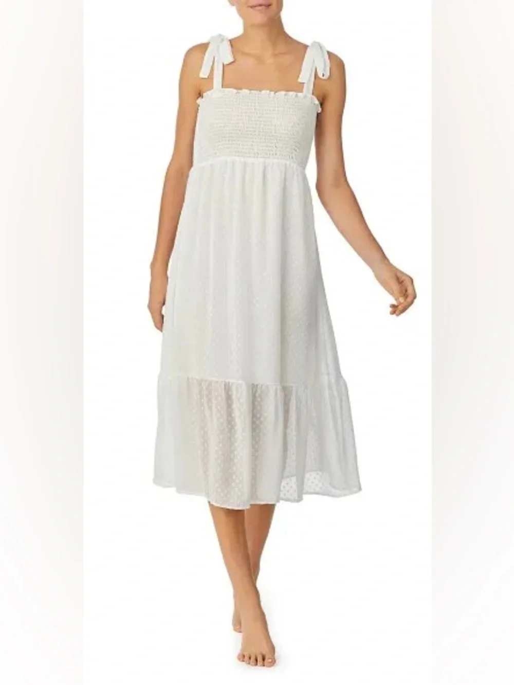 Kate Spade New York Swiss Dot Smocked Midi‎ Dress White Tie Strap Medium