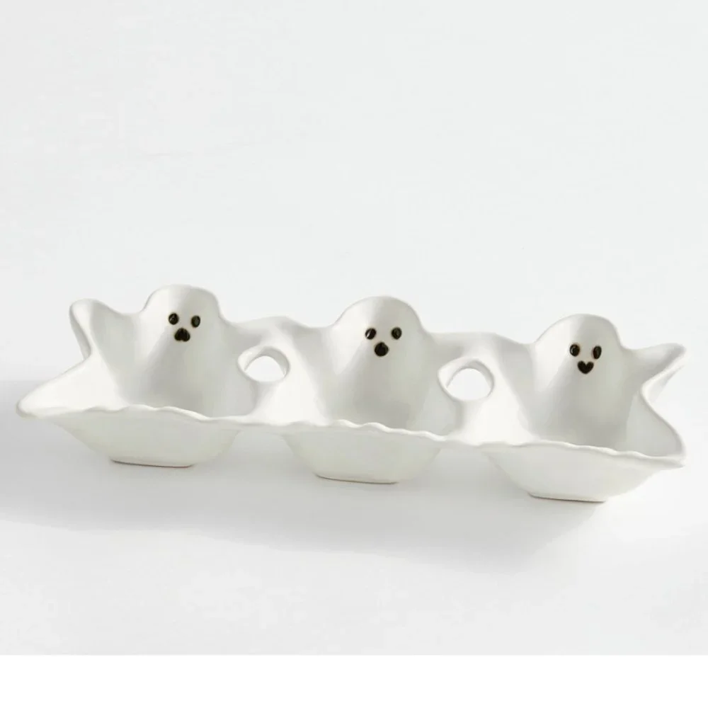 Pottery Barn Figural Ghost Stoneware Triple Condiment Server