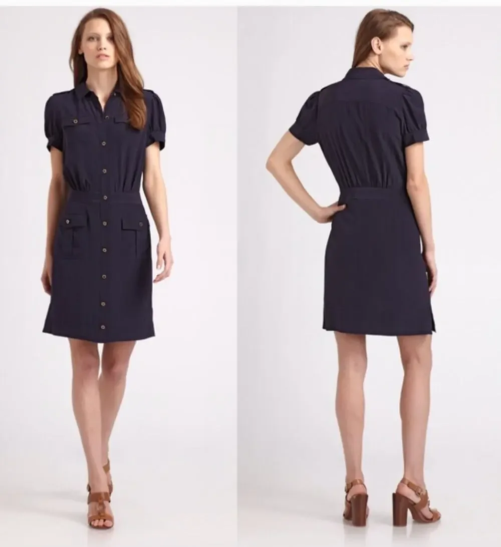 TORY BURCH Black Gennifer Military Utility 100% Silk Mini Dress Women's Size 14